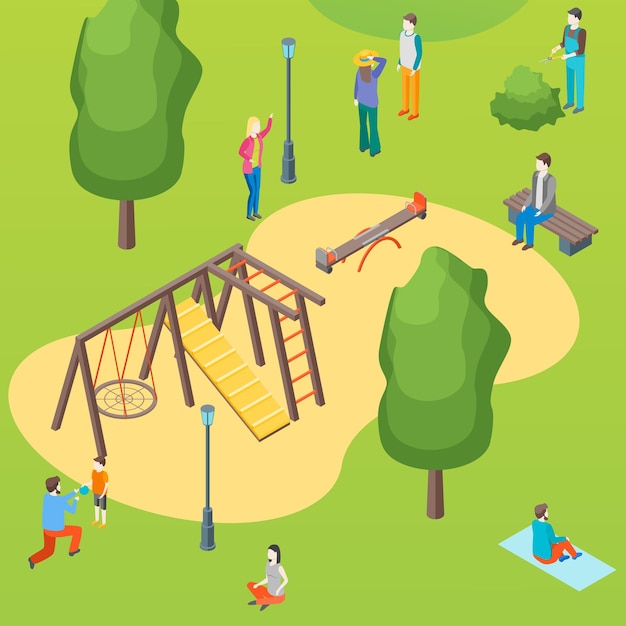 Parque público y patio de recreo para niños con personas Concept Card Poster Scene Element Web Design Style Ilustración vectorial de ocio activo en la ciudad