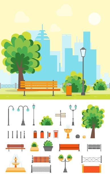 Parque urbano de dibujos animados con banco sobre un fondo de paisaje y conjunto de elementos Ilustración de vector de estilo de diseño plano