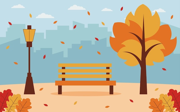 Parque urbano de otoño con banco Parque urbano de Otoño con árbol de banco y horizonte de la ciudad