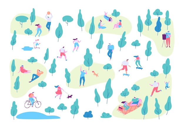 Parque de verano Diferentes personas actividades al aire libre ilustración vectorial plana