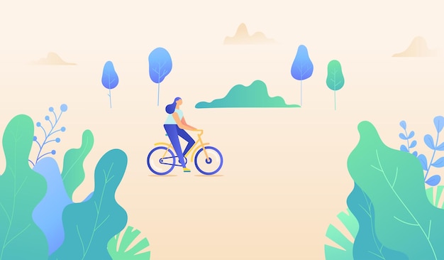 Parque de verano mujer montando bicicleta en el parque ilustración vectorial plana