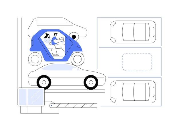 Parqueo fácil aislado ilustraciones vectoriales de dibujos animados pareja joven en estacionamiento de automóviles eléctricos muchos