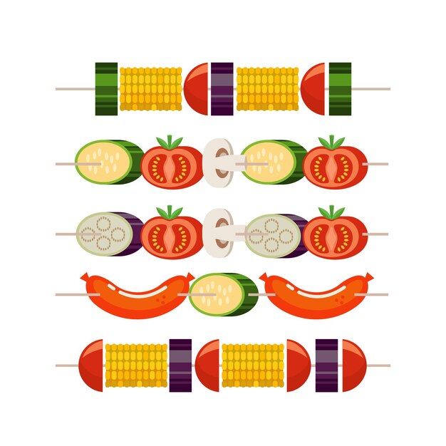 La parrilla de la barbacoa. Conjunto de kebabs con verduras. Maíz, calabacín, berenjena, champiñones, tomates. Kebab con salchichas y calabacín. Ilustración vectorial.