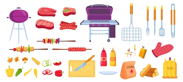 Parrilla y barbacoa de dibujos animados. Carnes, embutidos y verduras a la plancha. Utensilios de cocina, parrilla, cuchillo y brocheta. Conjunto de vector de fiesta de picnic de barbacoa. Equipo para asar a la parrilla, electrodomésticos de cocina.