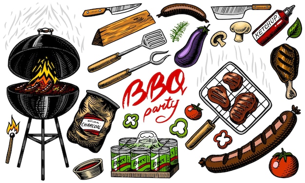 Parrilla de barbacoa en estilo vintage Dibujado a mano Ingredientes de fiesta de barbacoa Comida a la parrilla caliente cerveza y herramientas verduras y especias Ilustración vectorial para menú o etiquetas