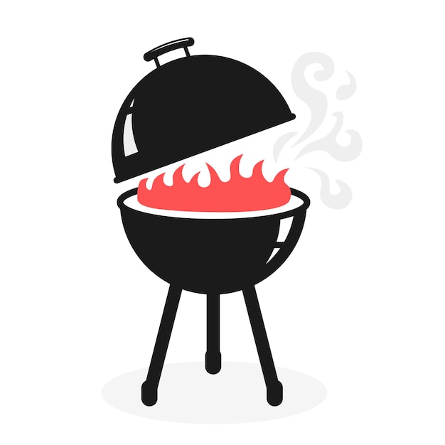 Parrilla de barbacoa negra cocinando con icono de vector de humo y llama.