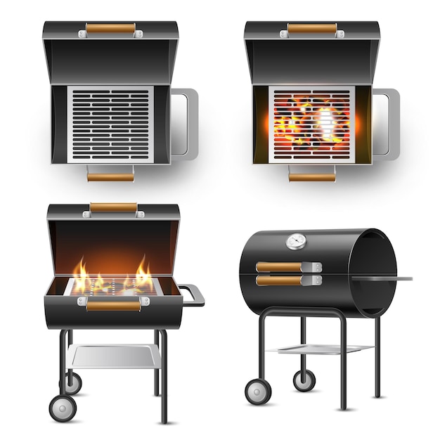 Parrilla de barbacoa realista Parrilla moderna cilíndrica al aire libre en diferentes ángulos vista abierta tapa cerrada quema de carbón equipo de cocina con rack utter vector 3d conjunto aislado