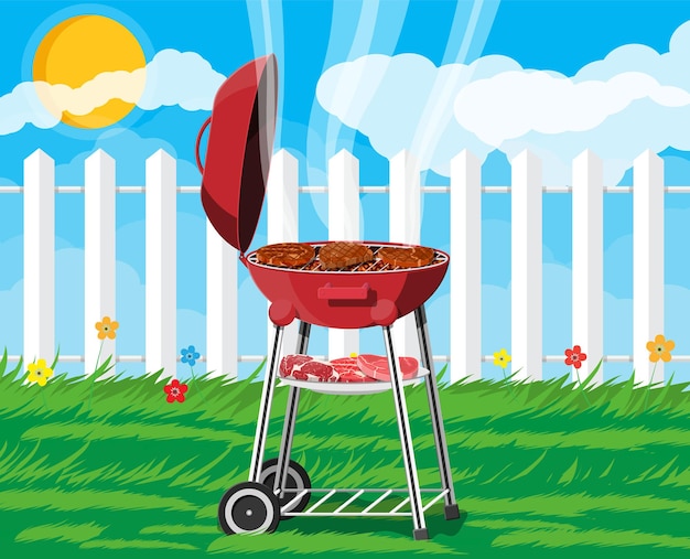 Parrilla de barbacoa redonda. Icono de barbacoa. Parrilla eléctrica. Dispositivo para freír alimentos. Carne fresca y bistec. Ilustración de vector de estilo plano