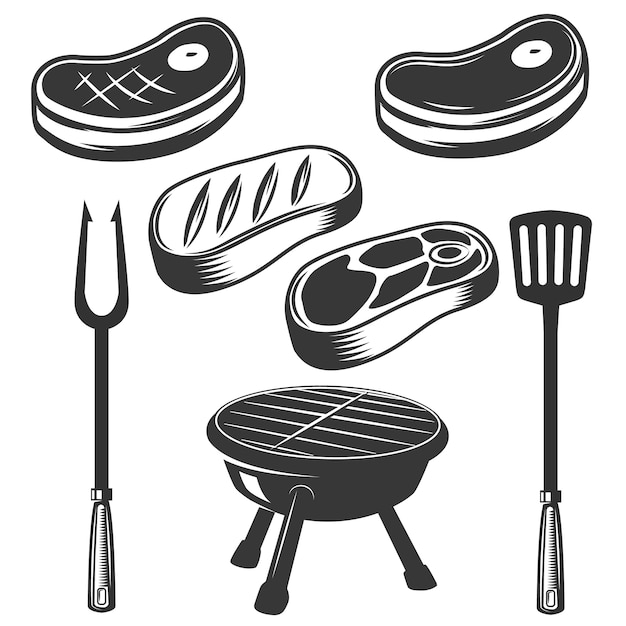 Parrilla, carne cruda, carne a la parrilla, fuego. Elementos para el menú, etiqueta, emblema, signo, marca, cartel. ilustración