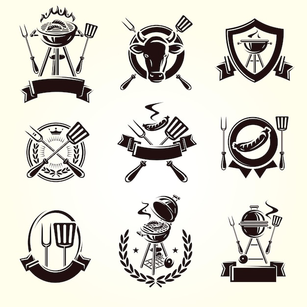 Parrilla, etiquetas, y, elementos, conjunto, colección, icono, parrilla, vector