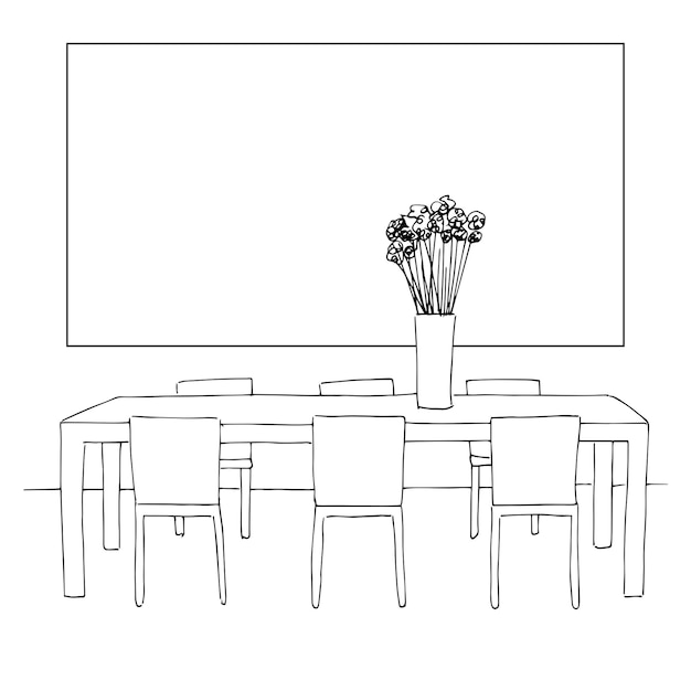 Parte del comedor Mesa y sillas En la mesa jarrón de flores Marco en la pared para encajar Su información Boceto dibujado a mano Ilustración vectorial