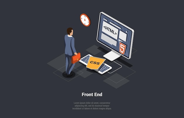 Parte frontal y posterior de la interfaz del sitio web de desarrollo y proceso de control del empresario de programación del sitio web de codificación del desarrollador utilizando los lenguajes CSS Python C y HTML Ilustración vectorial 3d isométrica