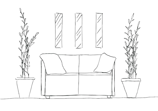 Parte de la habitación. sofá, plantas en macetas y un cuadro en la pared. boceto dibujado a mano. ilustración vectorial.