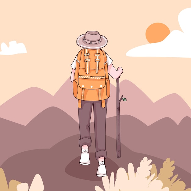 Vector la parte posterior del hombre de aventuras con mochila para caminar y escalar en personaje de dibujos animados, ilustración plana