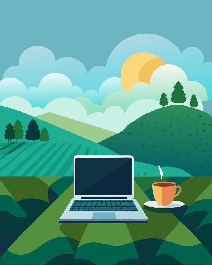 Vector desde la parte superior de la plantación de té una computadora portátil brilla a la luz del sol mientras el dueño escribe admirando