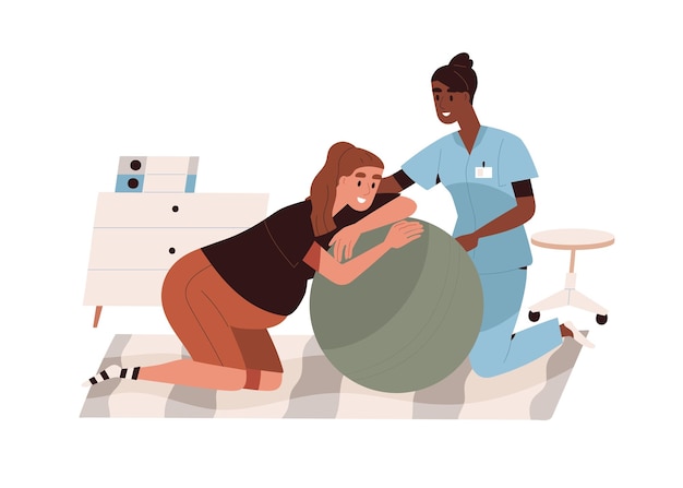 Partera que ayuda a la mujer embarazada durante el trabajo de parto, el parto en casa. Obstetra que ayuda en el parto del bebé en la pelota. Mamá en la preparación para el parto. Ilustración de vector plano aislado sobre fondo blanco.