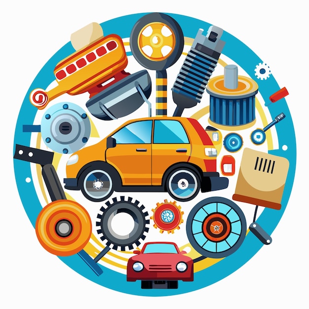 Partes de automóviles y vehículos que rodean un círculo