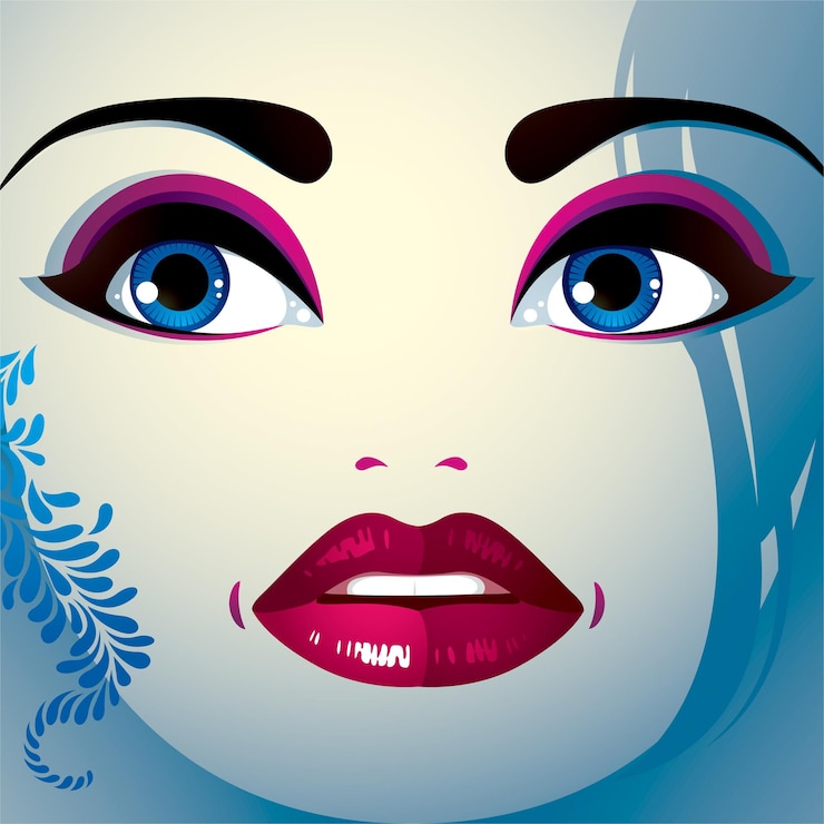 Vector partes de la cara de una bella joven con un maquillaje brillante, labios, ojos y cejas. expresión facial de la gente, mujer sorprendida con peinado moderno.