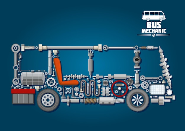 Partes mecánicas dispuestas en forma de autobús con cigüeñales y tanque de combustible, batería y volante, cilindro y ruedas, discos y velocímetro, ejes, asiento y faro. diseño de mecánica de autobuses