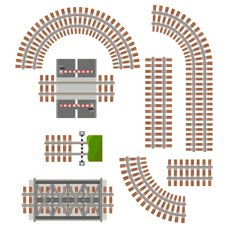 Vector partes de rieles ferroviarios elementos constructivos del ferrocarril aislados sobre un fondo blanco