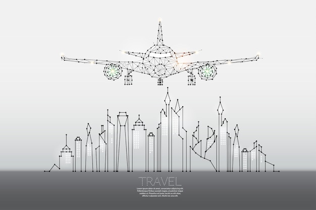 Las partículas, arte geométrico, línea y punto de ciudad con plano aéreo.