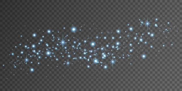 Partículas azules brillantes con estrellas brillantes aisladas en un fondo transparente oscuro Luces brillantes con borrón Efecto de luz abstracto Brillas y destellos Ilustración vectorial
