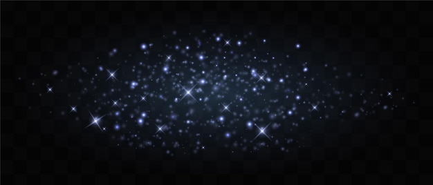 Partículas brillantes blancas azules y estrellas brillantes aisladas en un fondo oscuro Explosiones estelares brillantes con efectos brillantes Parche gráfico de luz reflejada Polvo mágico abstracto Ilustración vectorial