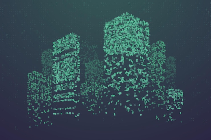 Vector partículas brillantes en forma de ciudad futurista