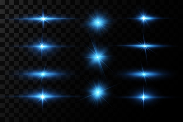 Partículas brillantes, luces azules ardientes, estrellas, láseres. vector.