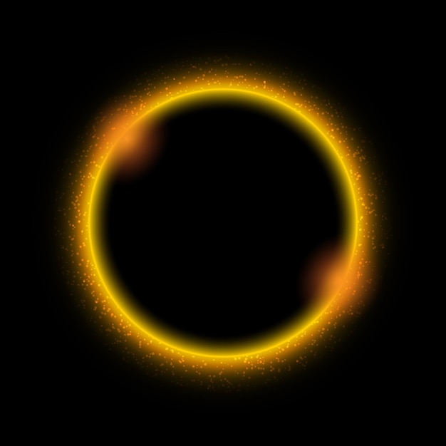 Particulas de brillo en círculo con efectos de luz dorada en un fondo negro Brillo de neón confeti brillante marco vectorial de anillo de agujero negro