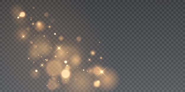 Partículas de brillo dorado con efecto bokeh y brillo reluciente en un fondo transparente