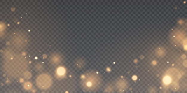 Partículas de brillo dorado con efecto bokeh y brillo reluciente en un fondo transparente