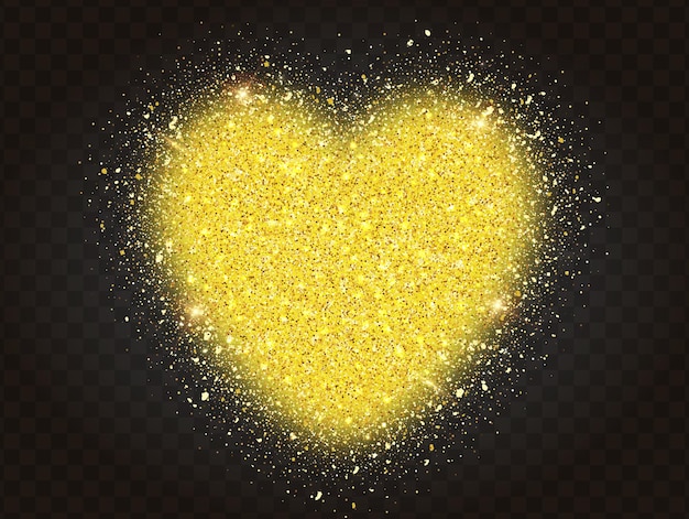 Partículas de brillo dorado en forma de corazón, sobre fondo transparente. Corazón de oro brillo abstracto.
