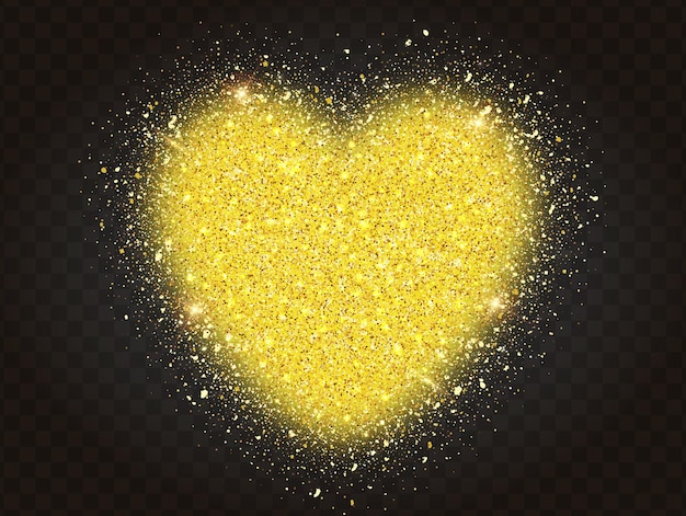 Partículas de brillo dorado en forma de corazón, sobre fondo transparente. corazón de oro brillo abstracto.