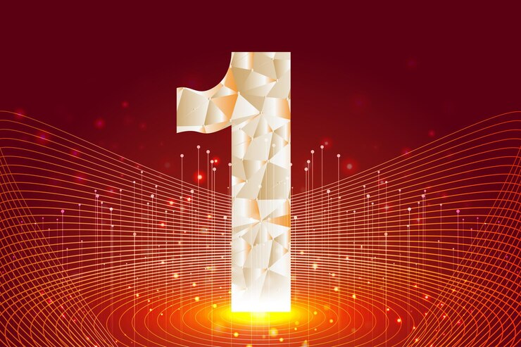 Vector partículas doradas alrededor del cartel de sentido tecnológico de fondo rojo digital de 1 aniversario