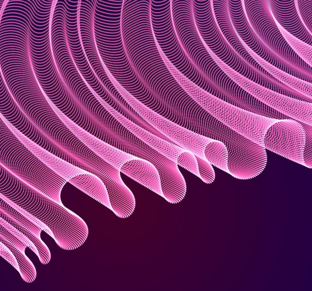 Partículas de energía mágica que fluyen sobre la oscuridad, ola de tejidos de tul transparentes de puntos mezclados en el viento. Ilustración de efecto de vector de líneas 3d punteadas curvas. estilo futurista 3d.