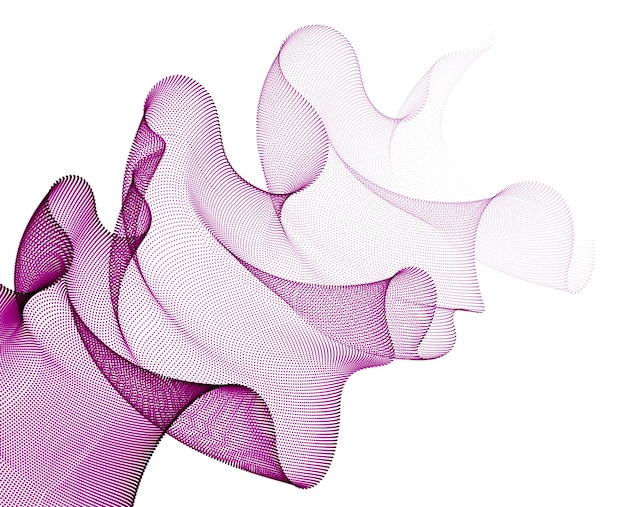 Partículas de energía que fluyen, ola de tela de tul transparente de puntos mezclados en el viento. Ilustración de efecto de vector de líneas 3d punteadas curvas. Estilo de tecnología futurista 3d.