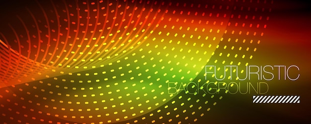 Las partículas de luz brillantes en el oscuro espacio de neón brillan mágicamente con un fondo abstracto brillante.