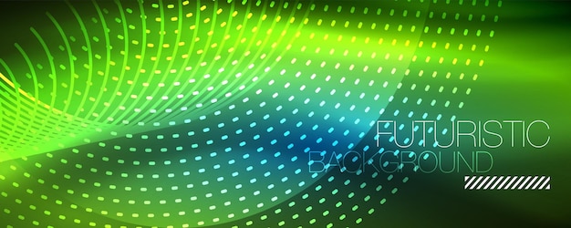 Las partículas de luz brillantes en el oscuro espacio de neón brillan mágicamente con un fondo abstracto brillante.