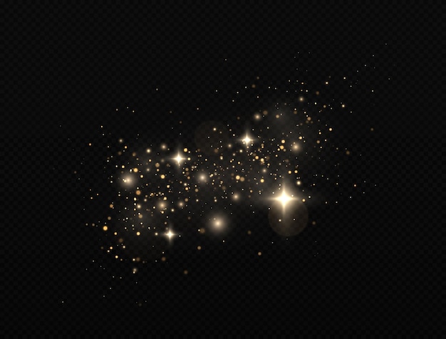 Partículas de polvo mágico espumoso. Las chispas doradas y las estrellas brillan con efecto de luz especial.