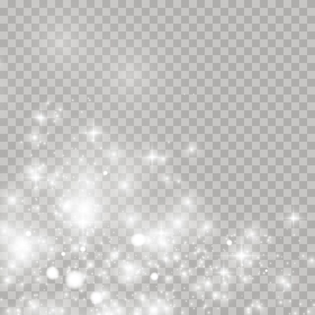 Partículas de polvo mágico espumoso. Efecto de luz brillante con muchas partículas de brillo aisladas sobre fondo transparente. Patrón abstracto de Navidad.
