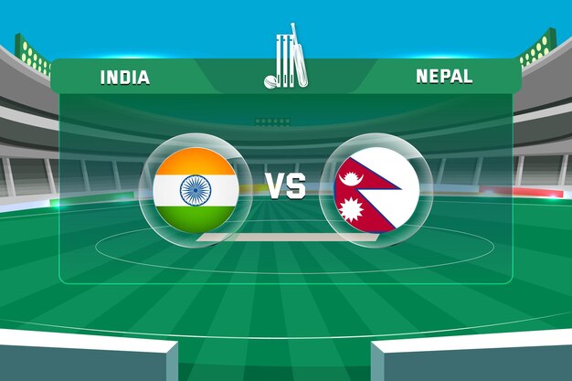 Vector partido de campeonato del torneo india vs nepal con fondo del estadio de cricket