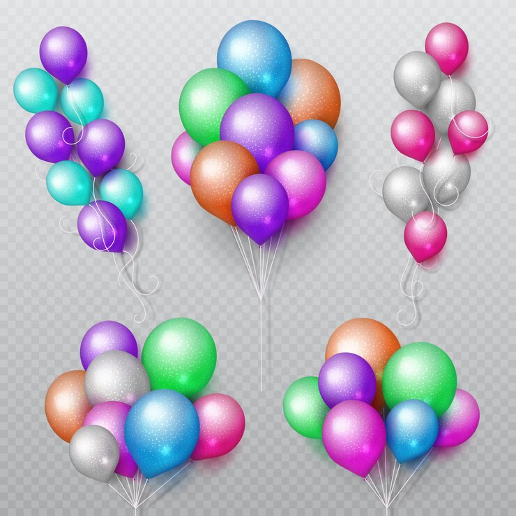 Vector el partido del color que volaba los globos maneja el conjunto aislado del vector. globo de color de cumpleaños para sorpresa y carnaval.