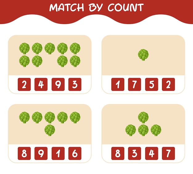 Partido por conteo de alcachofa de dibujos animados. Juego de unir y contar. Juego educativo para niños y niños pequeños en edad preescolar.