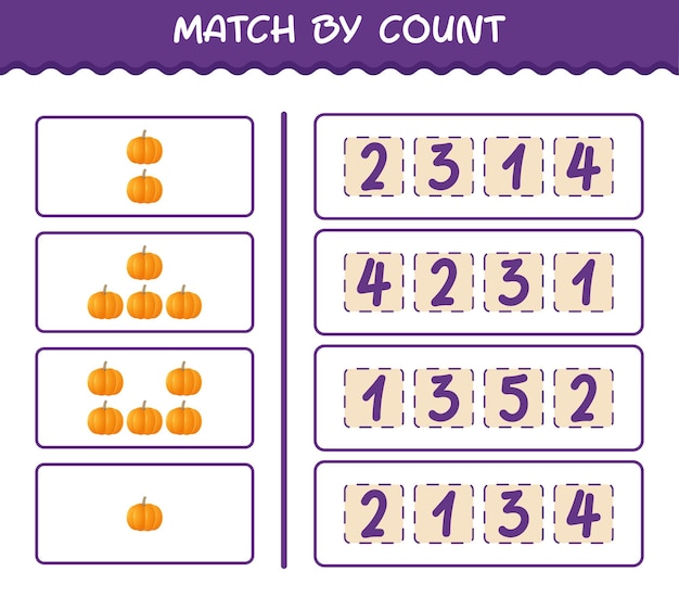 Partido por conteo de calabaza de dibujos animados. Juego de unir y contar. Juego educativo para niños y niños pequeños en edad preescolar.