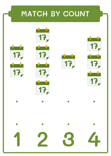 Partido por conteo del juego Calendario para niños Hoja de trabajo imprimible de ilustración vectorial