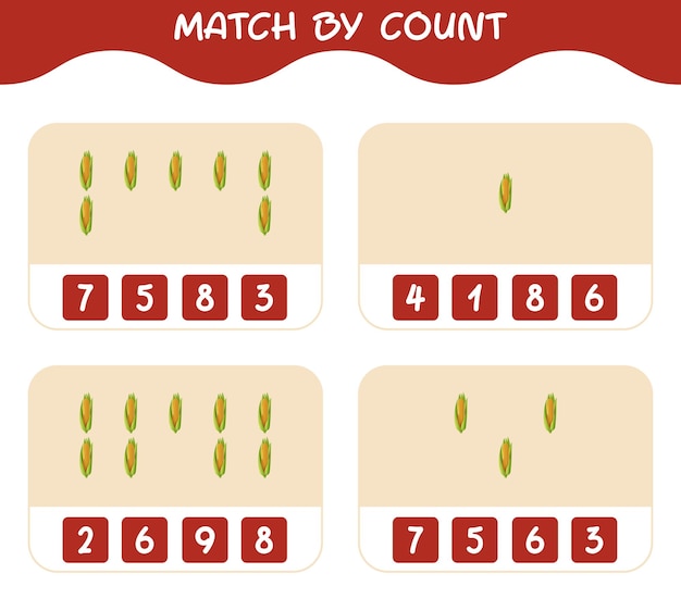 Partido por conteo de maíz de dibujos animados. Juego de unir y contar. Juego educativo para niños y niños pequeños en edad preescolar.