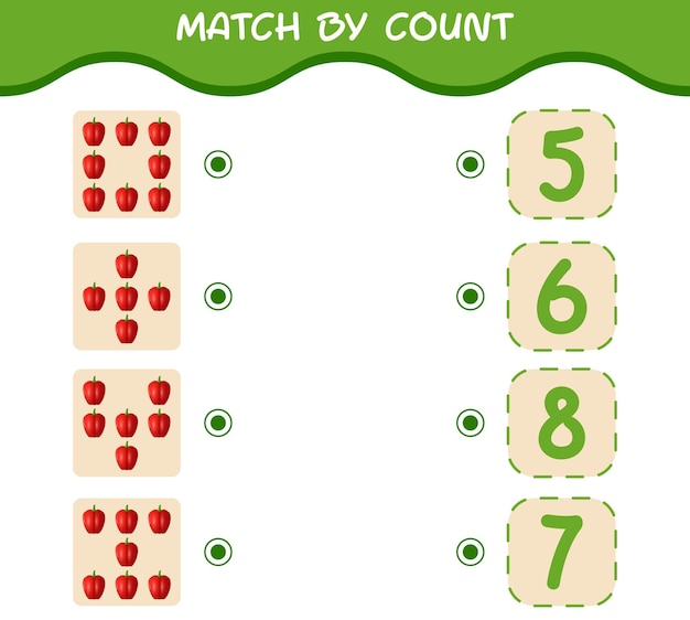 Partido por conteo de pimiento de dibujos animados. Juego de unir y contar. Juego educativo para niños y niños pequeños en edad preescolar.