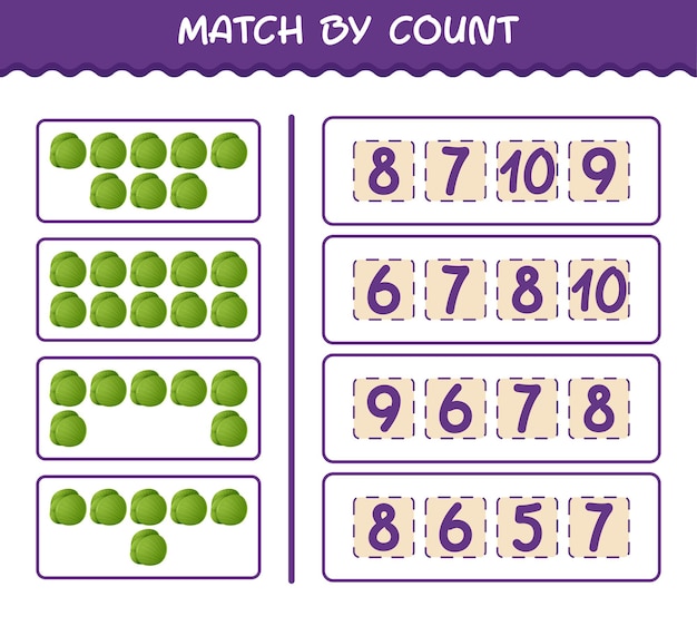 Partido por conteo de repollo verde de dibujos animados. Juego de unir y contar. Juego educativo para niños y niños pequeños en edad preescolar.