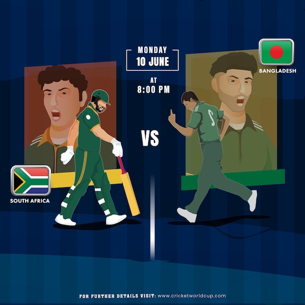 El partido de cricket de la copa mundial de t20 de la icc para hombres de 2024 entre sudáfrica y bangladesh diseño de cartel publicitario del equipo de jugadores